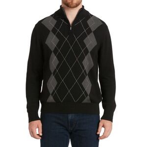 Alfani Black Grey Argyle Quarter Zip Sweater M Office Preppy Eclectic Grandpa